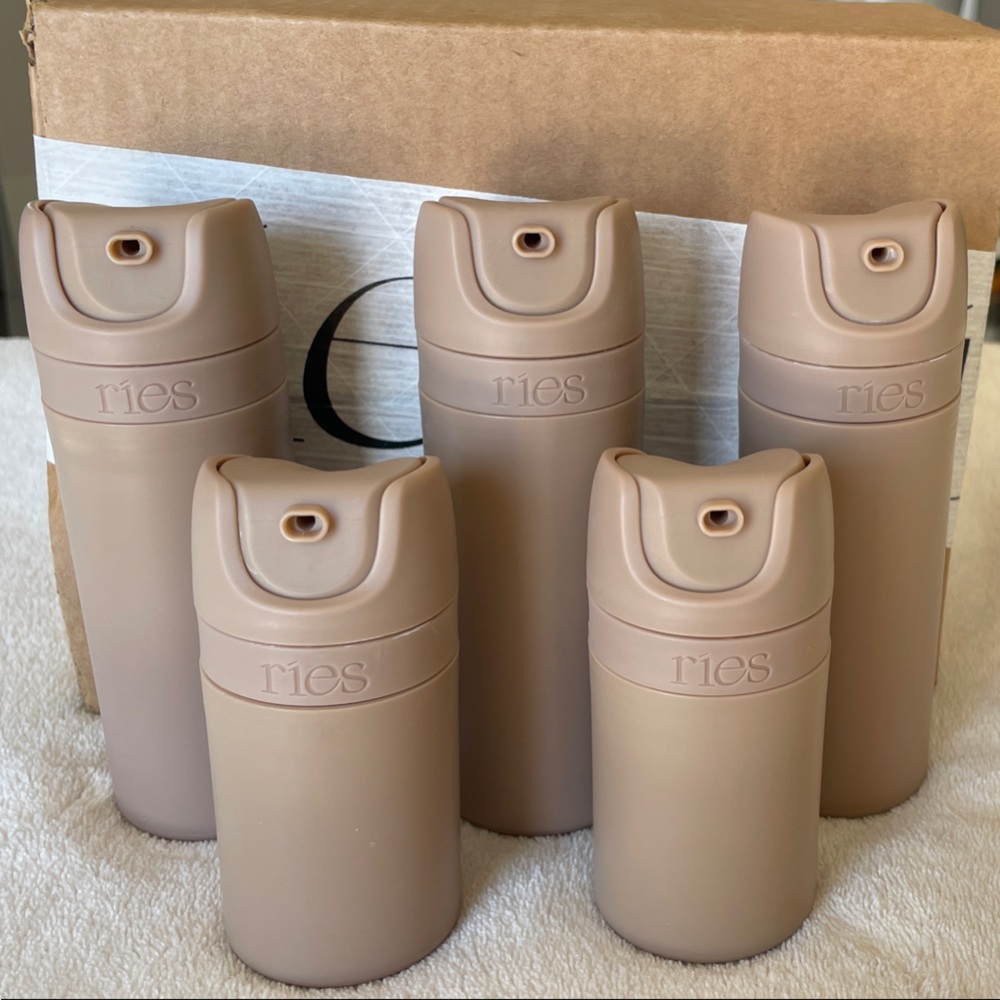 NEW Ries 5pc "The Bestsellers" Tan Travel Bottle Set with Airless pumps